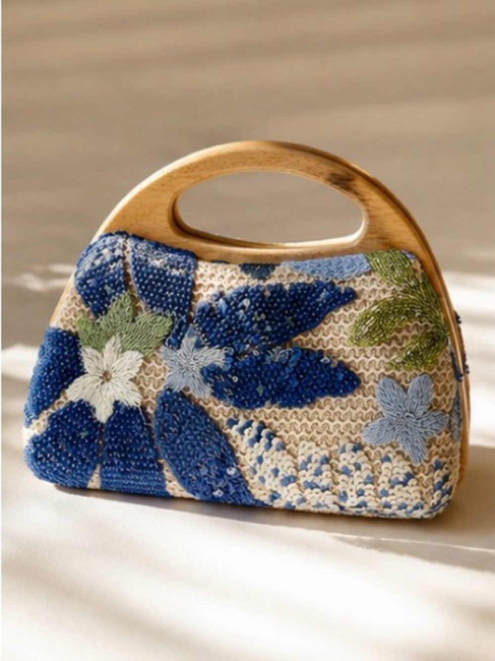 Blue Floral Embroidered Beaded Evening Bag Wooden Handle Resort Clutch